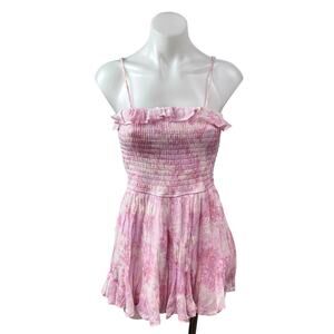 ROWA Pink Floral Ruffle Smocked Sleeveless Pleated Cami Romper Shorts Size S